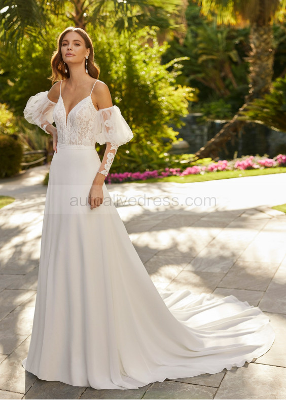 Beaded Ivory Lace Chiffon Wedding Dress With Detachable Sleeves